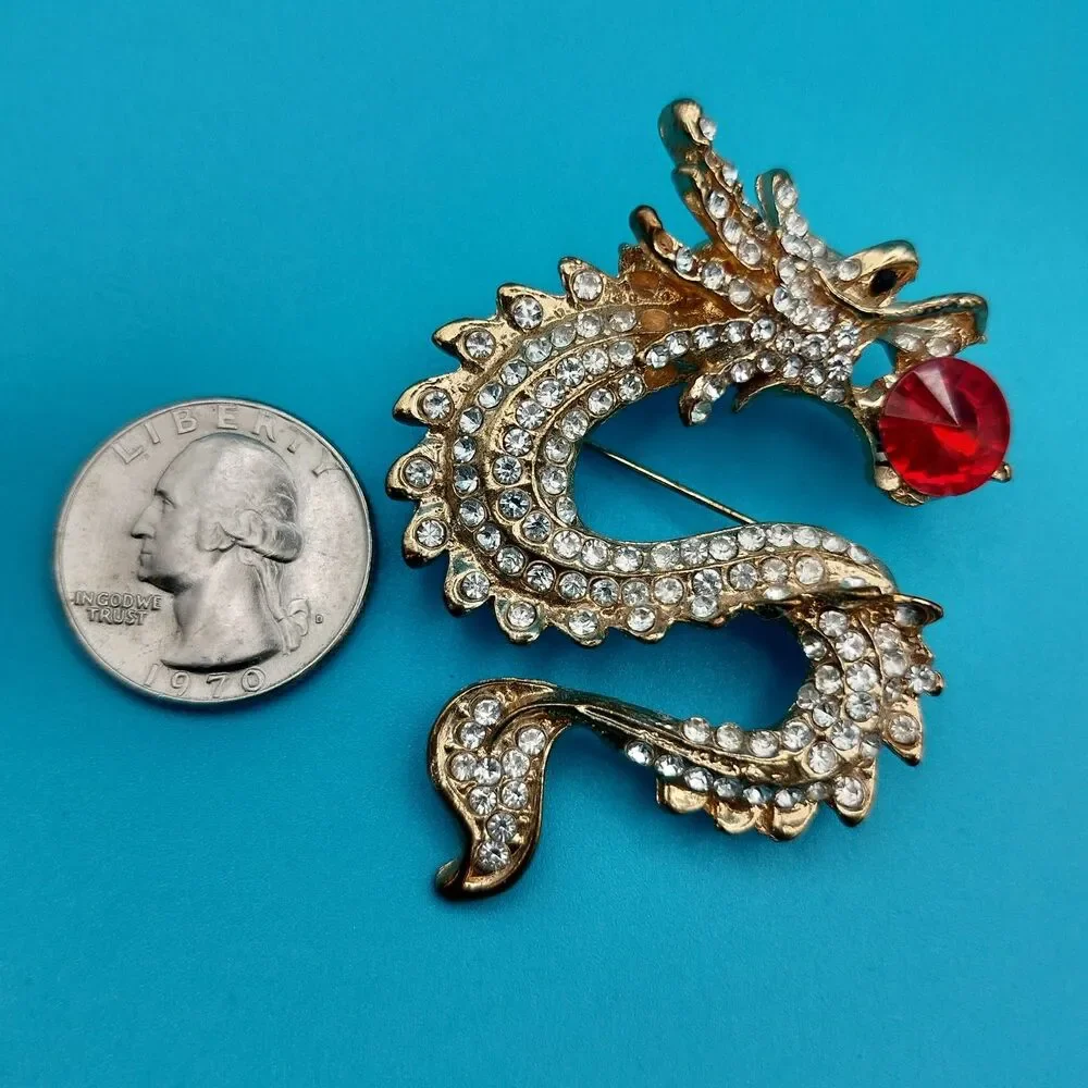 Sparkling Gold Tone Dragon Brooch Pin Red Crystal Ball Clear Rhinestones Fashion